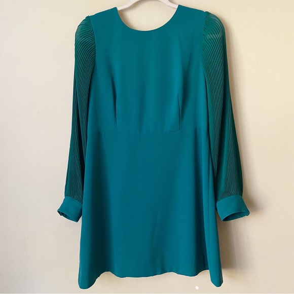 J. Crew | Pleated Balloon Sleeve A-line Dress Knee Length Jade Green 12P Petite - Picture 3 of 8